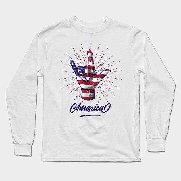 I Love You Hand Sign Gesture USA American Flag Cute Long Sleeve T-Shirt by teeleoshirts